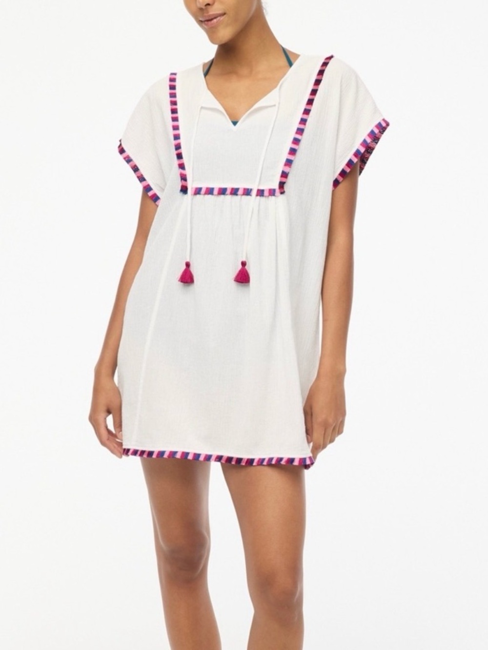 J Crew Cotton Tunic Dress Cover Up Tassel Trim Boho Beach Swim White Size L